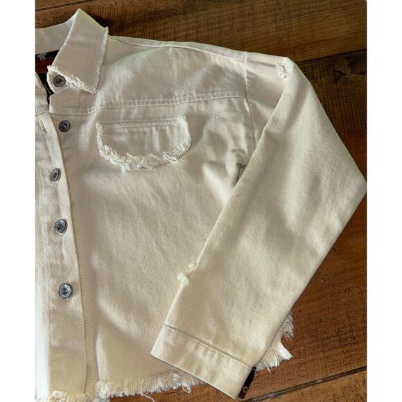 Womens‎ POL Cream Light Beige Fringe Raw Hem Cropped Denim Jacket Size M - Picture 2 of 13